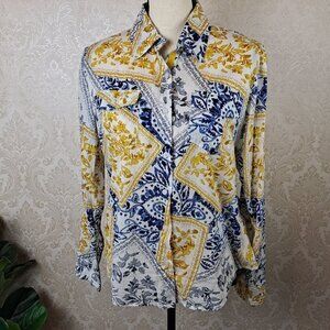 Magazine Size Medium Button Front Shirt 100% Cotton White Gold Blue Long Sleeves